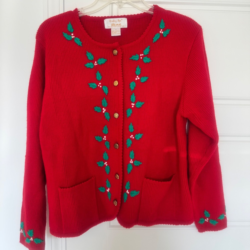 Vintage TALLY-HO Sz S Women's Red Holly Christmas Button Up Cardigan Holiday